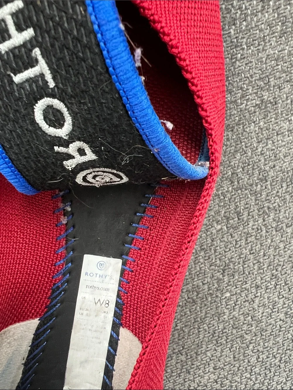 Rothy's Red Pointed Knit Flats with Blue Trim
